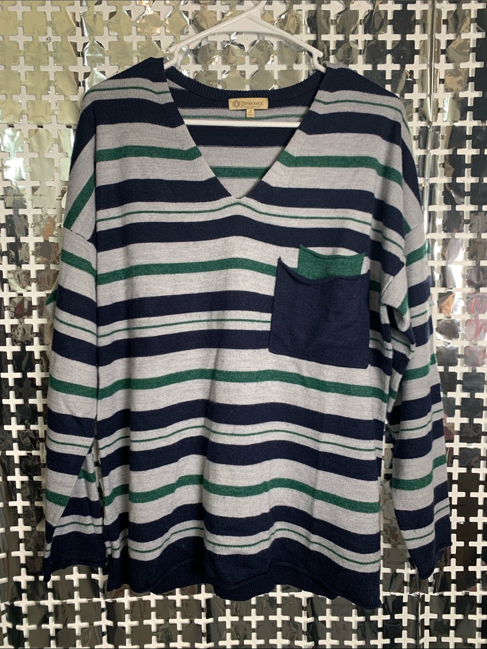 Democracy Navy, Gray & Green Striped V-Neck Pocket Sweater